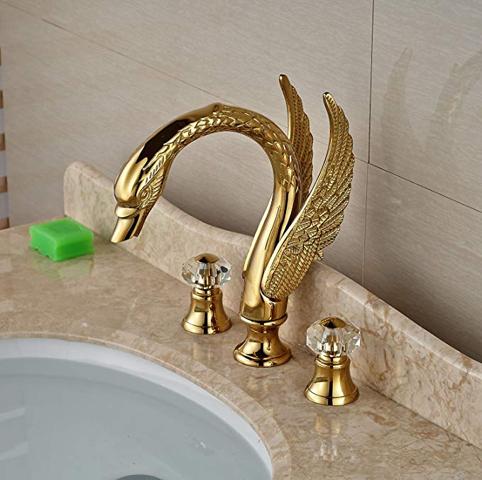 Rozin® Deck Mount Dual Crystal Knobs Basin Faucet Swan Spout Sink Mixer Tap Gold Finish