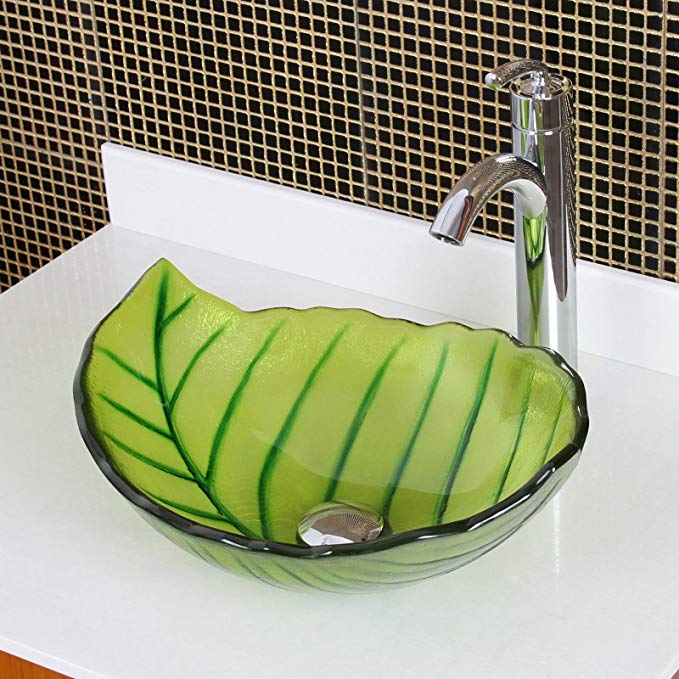 ELITE Spring Leaves Design Tempered Bathroom Glass Vessel Sink & Chrome Single Lever Faucet