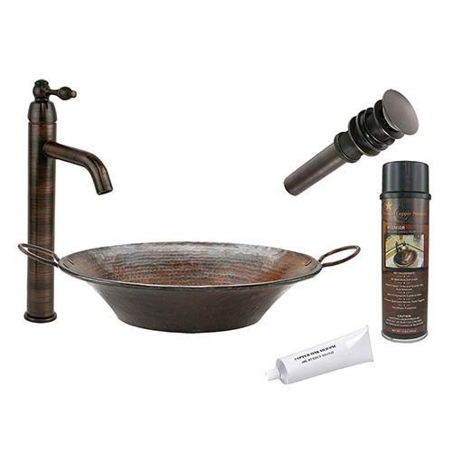 Premier Copper Products BSP1_VR16MPDB Round Miners Pan Vessel Hammered Copper Sink with Single Handle Vessel Faucet, Oil Rubbed Bronze