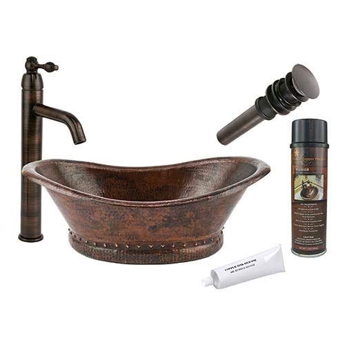 Premier Copper Products BSP1_VBT20DB Bath Tub Vessel Hammered Copper Sink with Single Handle Vessel Faucet, Oil Rubbed Bronze