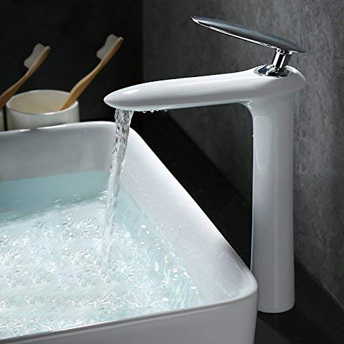 Jiuzhuo Modern Deck Mounted Single Handle Bathroom Sink Faucet Tall Basin Mixer Tap (White&Chrome)