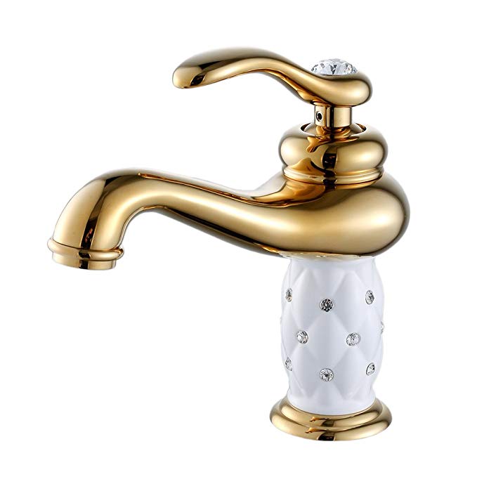 OWOFAN Single Handle Bathroom Sink Vessel Faucet Lavatory Vanity Mixer Tap Lamp Shape Crystal Deco Luxury Brass Golden WF-7301K