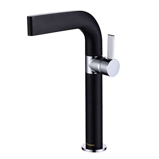 Yohom Modern Square Solid Brass Single Handle Tall Bathroom Vanity Vessel Sink Faucet 360°swivel Lavatory Basin Faucet Hot and Cold Water Mixer Tap, Lead Free Black & Nickel