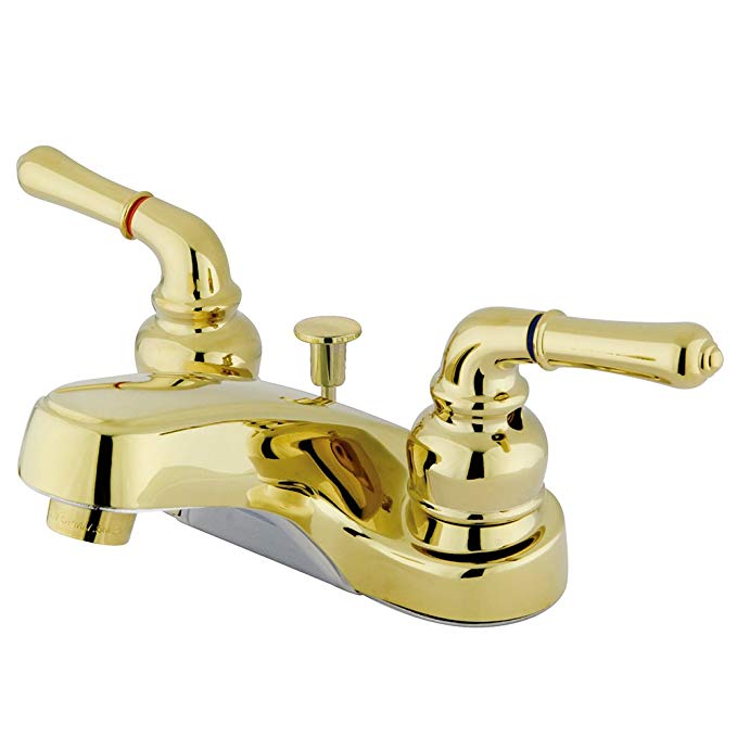 Kingston Brass KB252 Magellan Twin Lever Handle 4-Inch Centerset Lavatory Faucet with Non-Metallic Pop-Up, Polished Brass