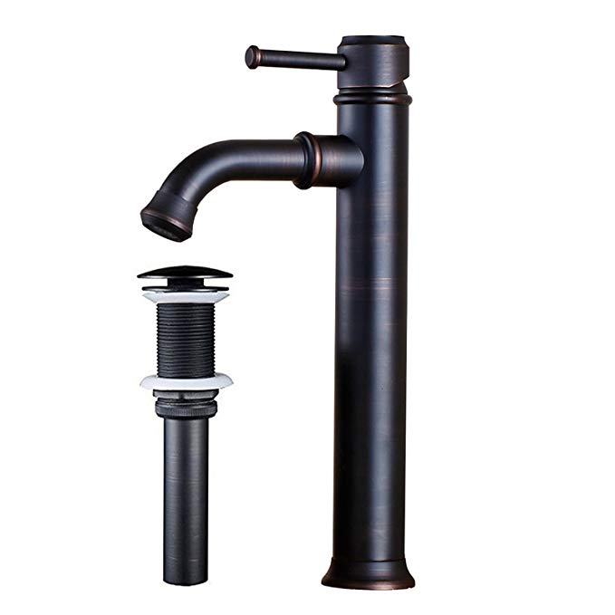 Votamuta Deck Mounted Bathroom Vessel Sink Faucet Single Handle Hole Tall Body Lavatory Mixer Tap and Pop Up Drain without Overflow,Oil Rubbed Bronze