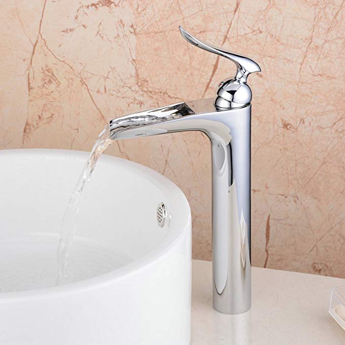 Hiendure Tall Waterfall Single Handle Chrome Bathroom Sink Vessel Faucet Lavatory Mixer Tap