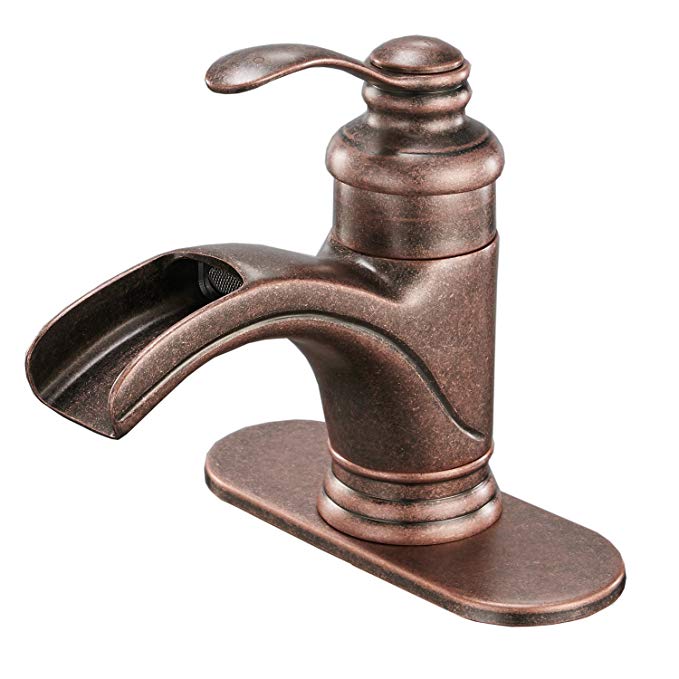 Bathlavish Waterfall Single Handle One Hole Deck Mount Bathroom Sink Faucet Copper