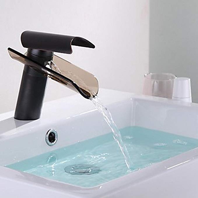 Aquafaucet Single Handle Centerset Waterfall Bathroom Vanity Sink Faucet With Tempered Glass Black Oil Rubbed Bronze