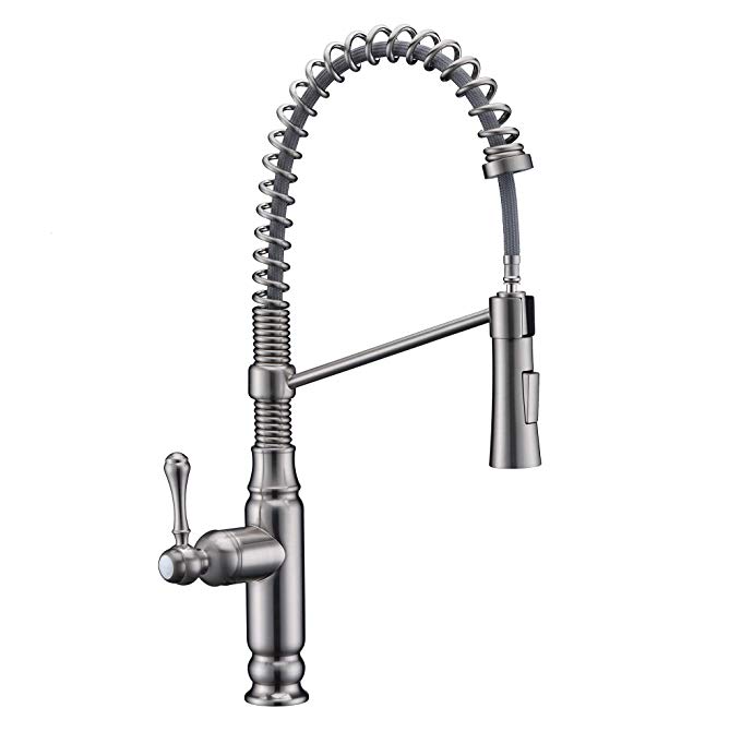 KVADRAT Brushed Nickel Single Handel Commercial Kitchen Faucet, Pull down Spray head High Arc Spout swivels 360 °