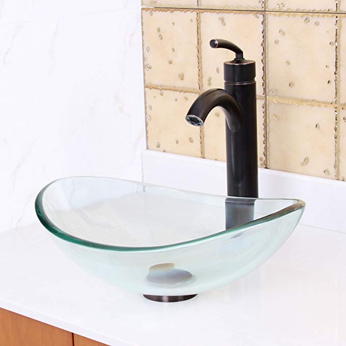 ELITE Unique Oval Clear Tempered Bathroom Glass Vessel Sink & Oil Rubbed Bronze Faucet