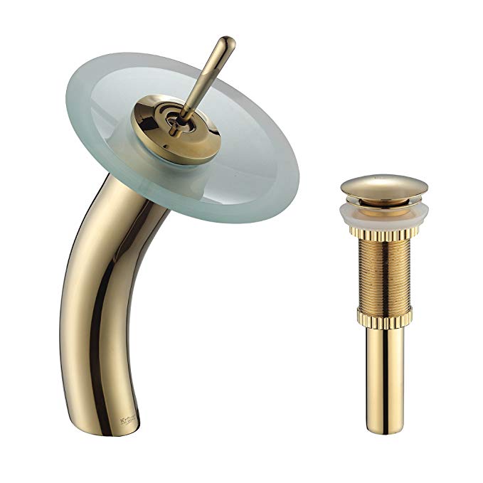 Kraus KGW-1700-PU-10G-FR Single Lever Vessel Glass Waterfall Bathroom Faucet Gold with Frosted Glass Disk and Matching Pop Up Drain