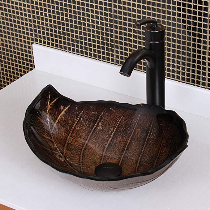 ELITE Autumn Leaves Design Tempered Bathroom Glass Vessel Sink & Oil Rubbed Bronze Faucet